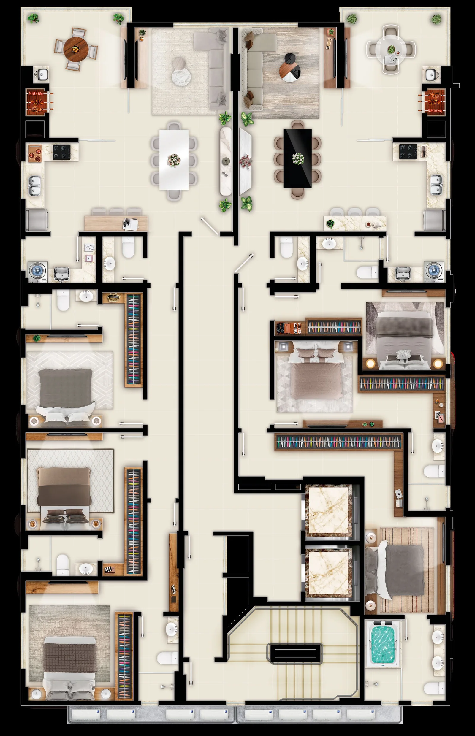 Planta do pavimento com dois apartamentos de três suítes no Selent Sunrise Residence